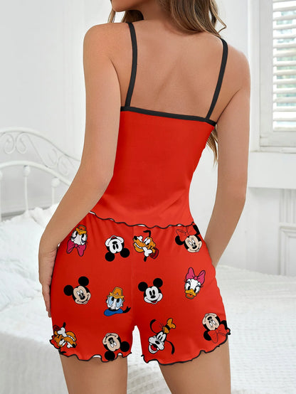 Women’s Disney Mickey & Minnie Pajama Set - Cute Cartoon Strap Top & Shorts Home Sleepwear