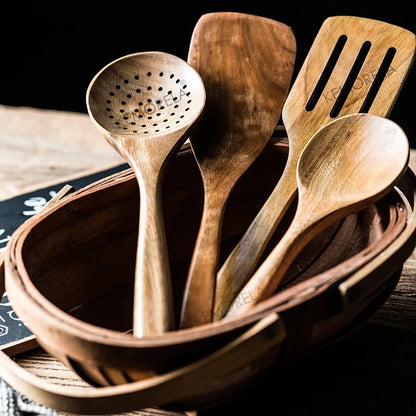 4/7/9PCS Teak Wooden Cooking Spoons Set – Kitchen Utensils with Holder