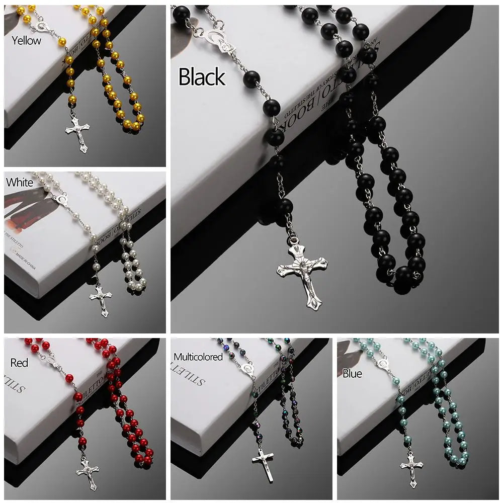 Vintage Cross Rosary Necklace – Fashion Beaded Chain with Jesus Crucifix & Virgin Mary Pendant Religious Jewelry for Men & Women