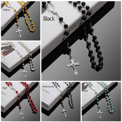 Vintage Cross Rosary Necklace – Fashion Beaded Chain with Jesus Crucifix & Virgin Mary Pendant Religious Jewelry for Men & Women