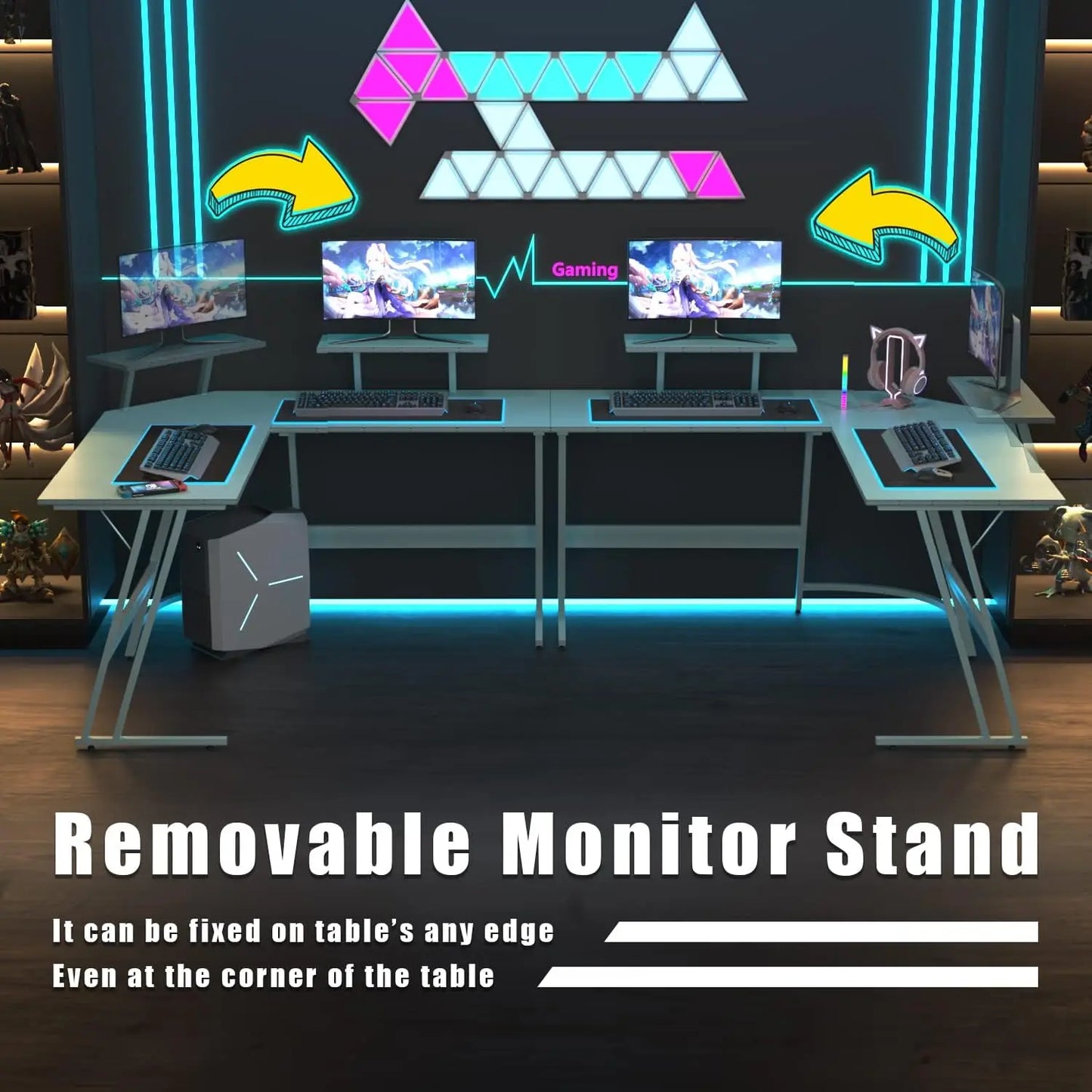 PC Gaming Desk with Large Monitor Riser – L-Shaped Corner Desk, Sturdy Writing Workstation for Office & Computer