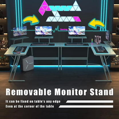PC Gaming Desk with Large Monitor Riser – L-Shaped Corner Desk, Sturdy Writing Workstation for Office & Computer