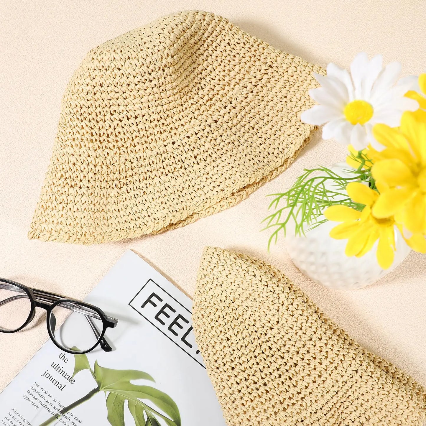 Women’s Summer Crochet Straw Bucket Hat – UV-Protect, Breathable Foldable Sunshade Cap for Beach & Outdoor Fashion