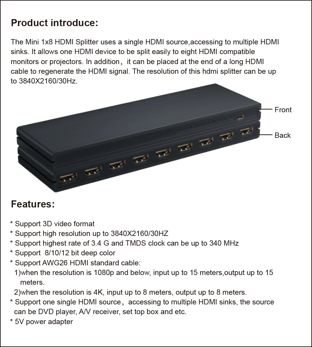 HDMI Splitter 1x8 4K 30Hz — 8-Port Video Distributor Converter, HDCP1.4 for PC, Laptop, PS4, DVD, Projector, TV
