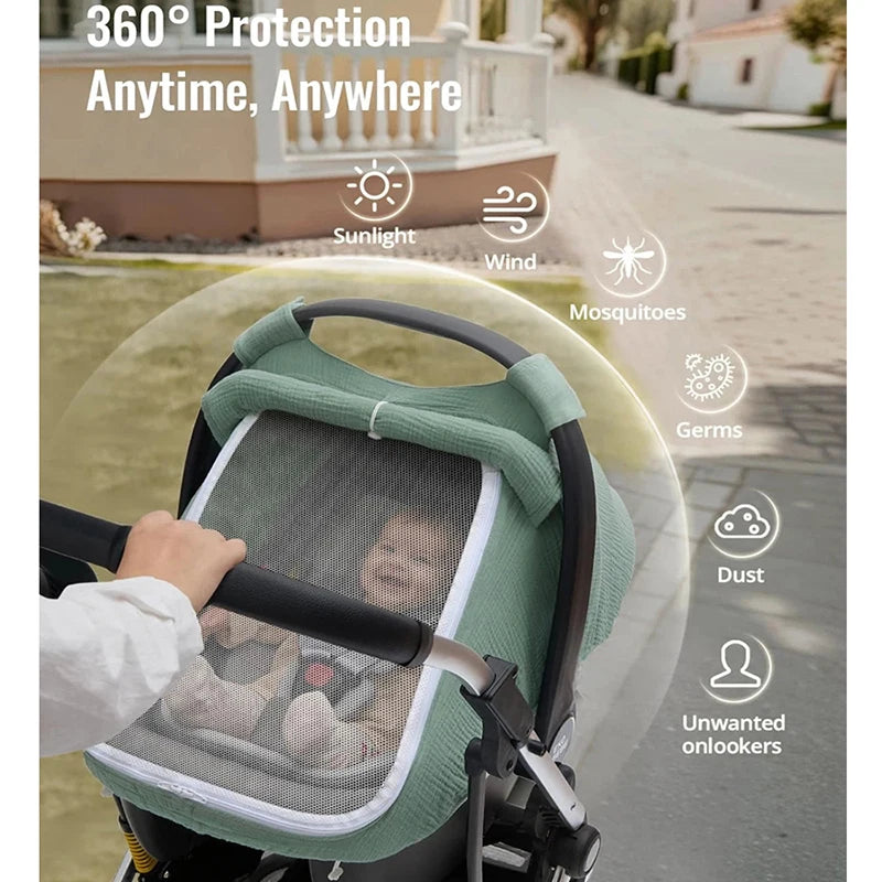 Baby Car Seat Cover – Breathable Muslin Cotton Canopy with Mesh Window, Infant Stroller Sun Shade & Carrier Protection Cover