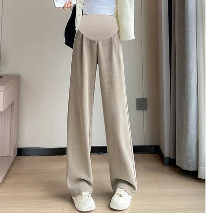 M-4XL Women’s Maternity Radish Pants – Cotton Fleece Ankle-Length Corduroy Sweatpants, High Waist Autumn Pregnancy Trousers