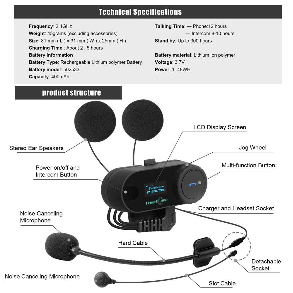 Freedconn T Com SC Bluetooth Motorcycle Intercom – Helmet Headset, Wireless Communication, BT 5.0, Music Share, 6 Riders, FM