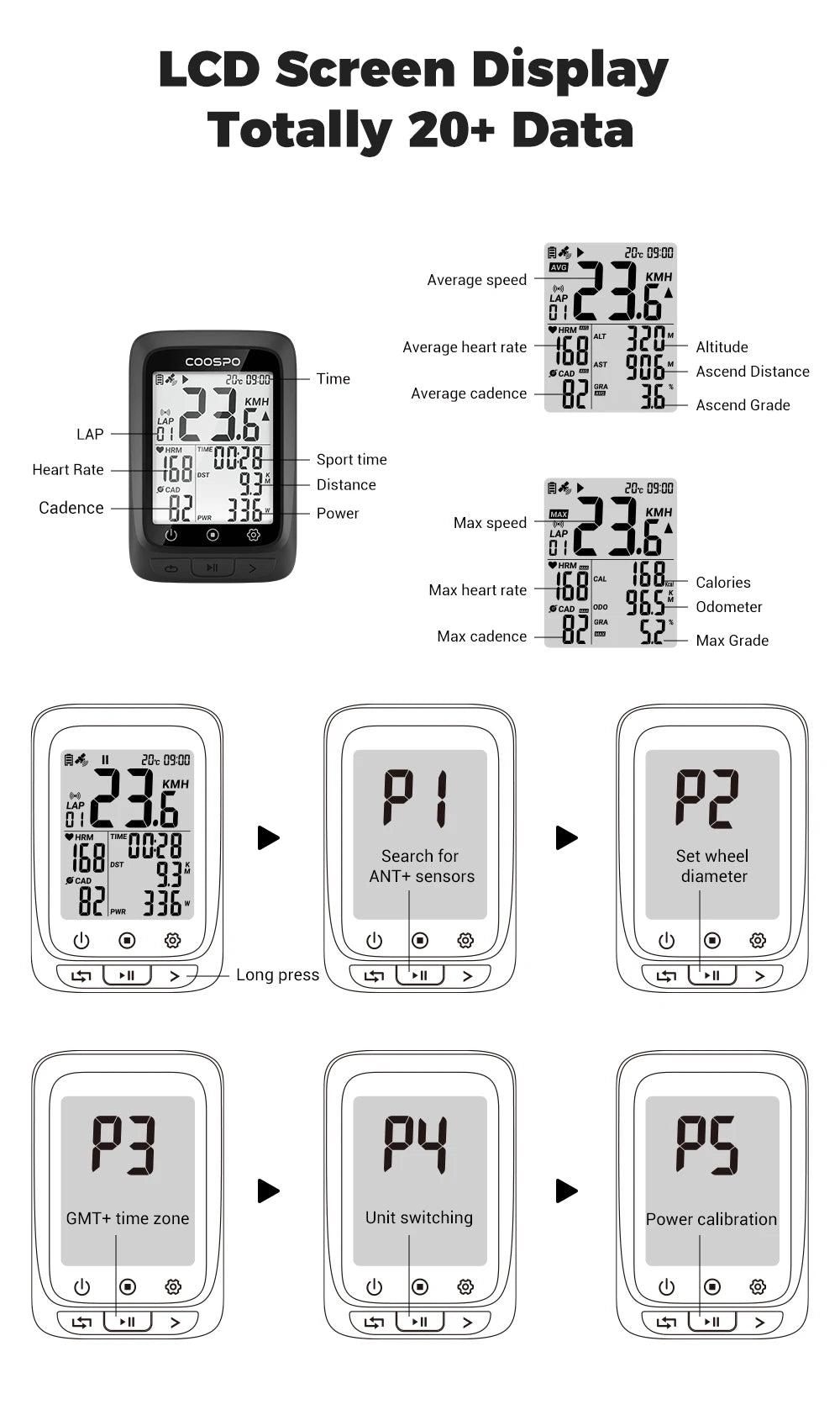 Coospo BC107 GPS Bike Computer — 2.4" Wireless Odometer & Speedometer, Bluetooth 5.0, ANT+, Waterproof