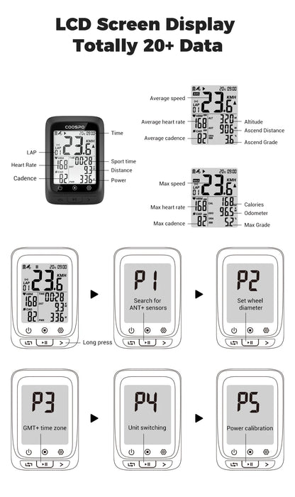 Coospo BC107 GPS Bike Computer — 2.4" Wireless Odometer & Speedometer, Bluetooth 5.0, ANT+, Waterproof