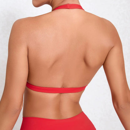WANAYOU Women’s Deep V Yoga Bra — Halter Sports Crop Top | Padded Open-Back Gym & Fitness Workout Top
