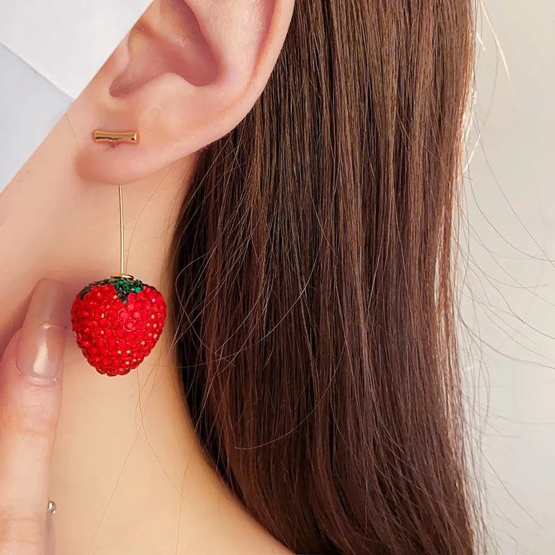 Rhinestone Red Strawberry Stud Earrings for Women - Korean Ins Cute, Fashionable Jewelry with Personality