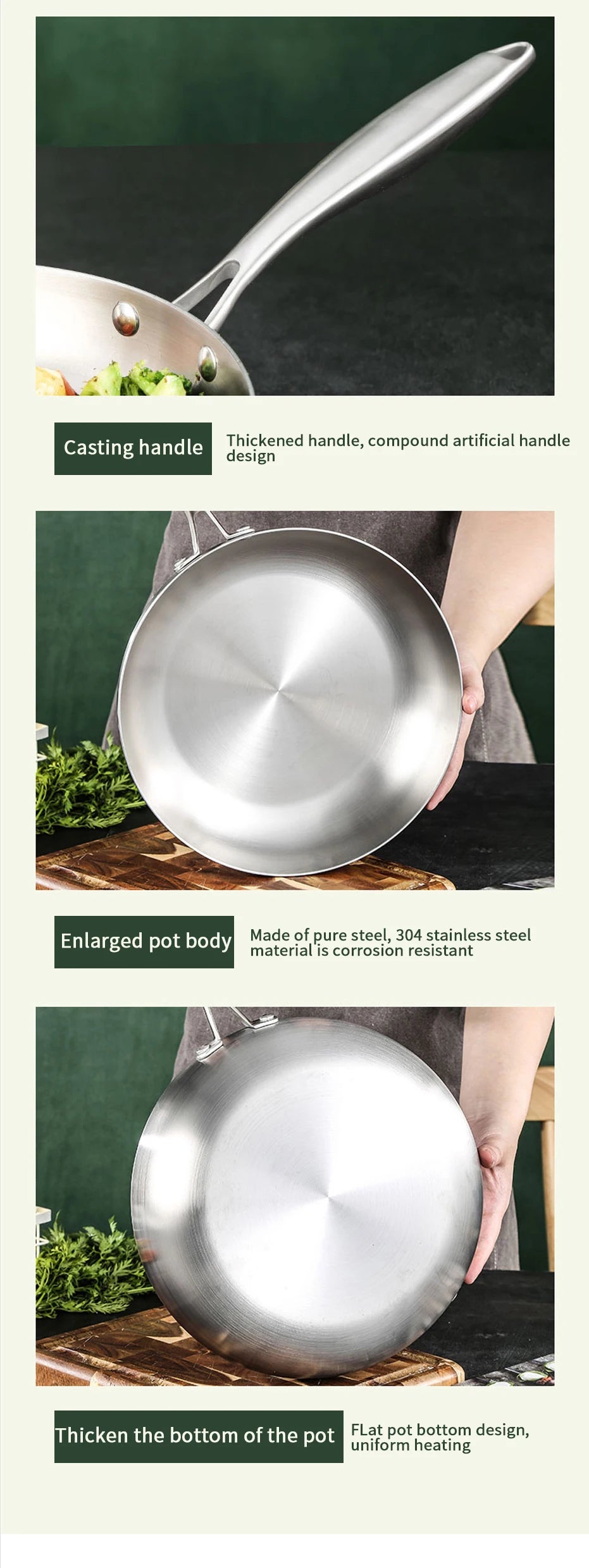 304 Stainless Steel Non-Stick Frying Pan - Uncoated Steak Cookware for Gas Stove and Induction Cooker