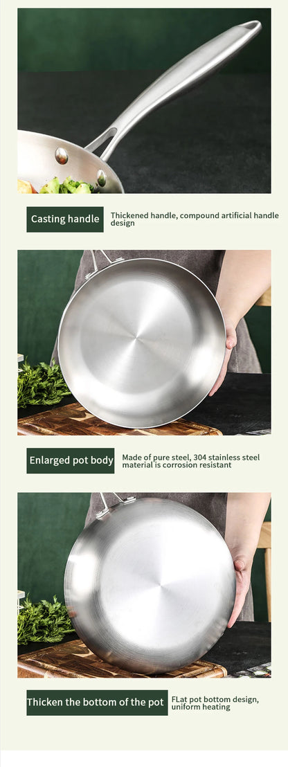 304 Stainless Steel Non-Stick Frying Pan - Uncoated Steak Cookware for Gas Stove and Induction Cooker