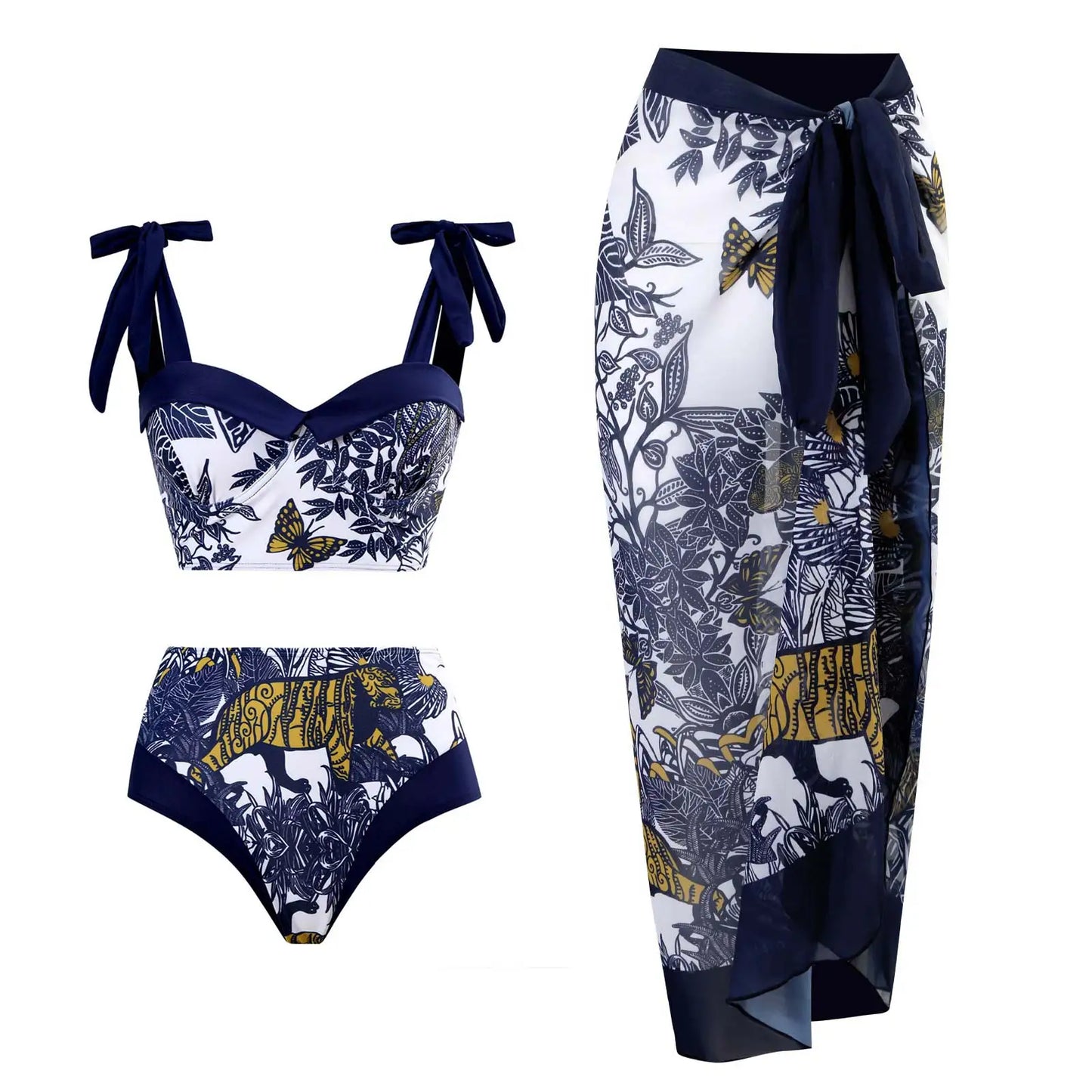 Blue One-Shoulder Ruffle Floral Monokini Swimsuit with Cover Up Sexy One Piece Beach Swimwear for Women Summer