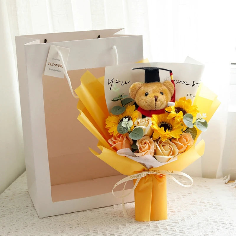DIY Simulated Flower Bouquet – Crochet Sunflower Finished Product, Graduation, Doctoral, Valentine’s Day & Birthday Gift with Bear