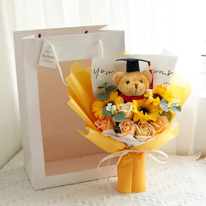 DIY Simulated Flower Bouquet – Crochet Sunflower Finished Product, Graduation, Doctoral, Valentine’s Day & Birthday Gift with Bear