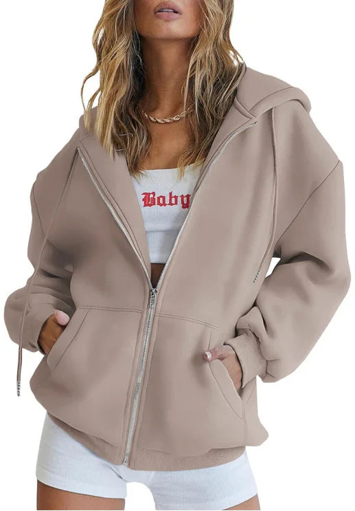 Women’s Gray Zip-Up Hoodie Sweatshirt – Autumn Winter Long Sleeve Jacket with Pockets