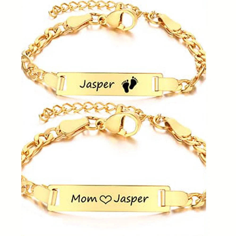 Custom Engraved Mom Bracelet – Personalized Figaro Link Bangle with Names & Birthday Date