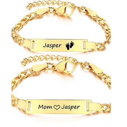 Custom Engraved Mom Bracelet – Personalized Figaro Link Bangle with Names & Birthday Date