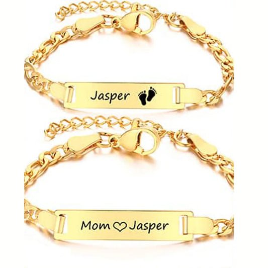 Custom Engraved Mom Bracelet – Personalized Figaro Link Bangle with Names & Birthday Date