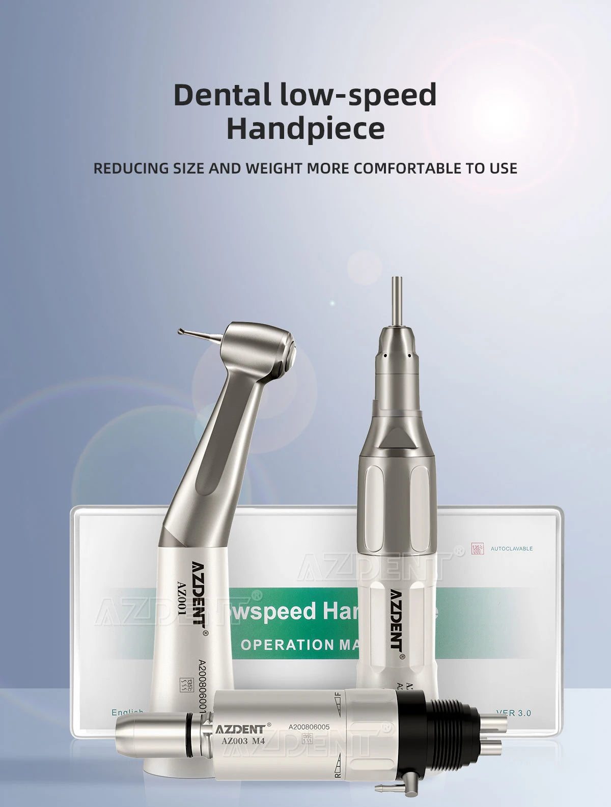 AZDENT Dental Low Speed Handpiece 1:1 Contra Angle – Push Button for ø2.35mm CA Burs, 2/4 Holes, Air Motor