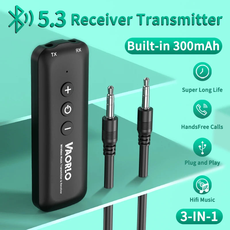 3 in 1 Bluetooth 5.3 Audio Receiver & Transmitter – 3.5mm AUX, USB Wireless Adapter with Mic for TV, PC, Headphones & Car