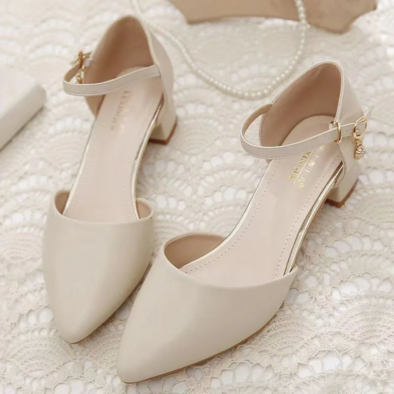 Women’s Elegant White Pearl Buckle Pumps — Square Heel Office & Leisure Shoes