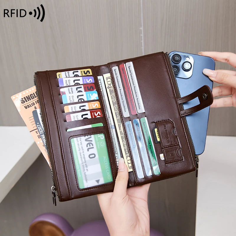 RFID Blocking Large Capacity Wallet – Soft Leather Solid Color Clutch, Multi-Functional Zipper Purse for Women & Men