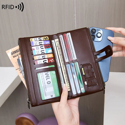 RFID Blocking Large Capacity Wallet – Soft Leather Solid Color Clutch, Multi-Functional Zipper Purse for Women & Men