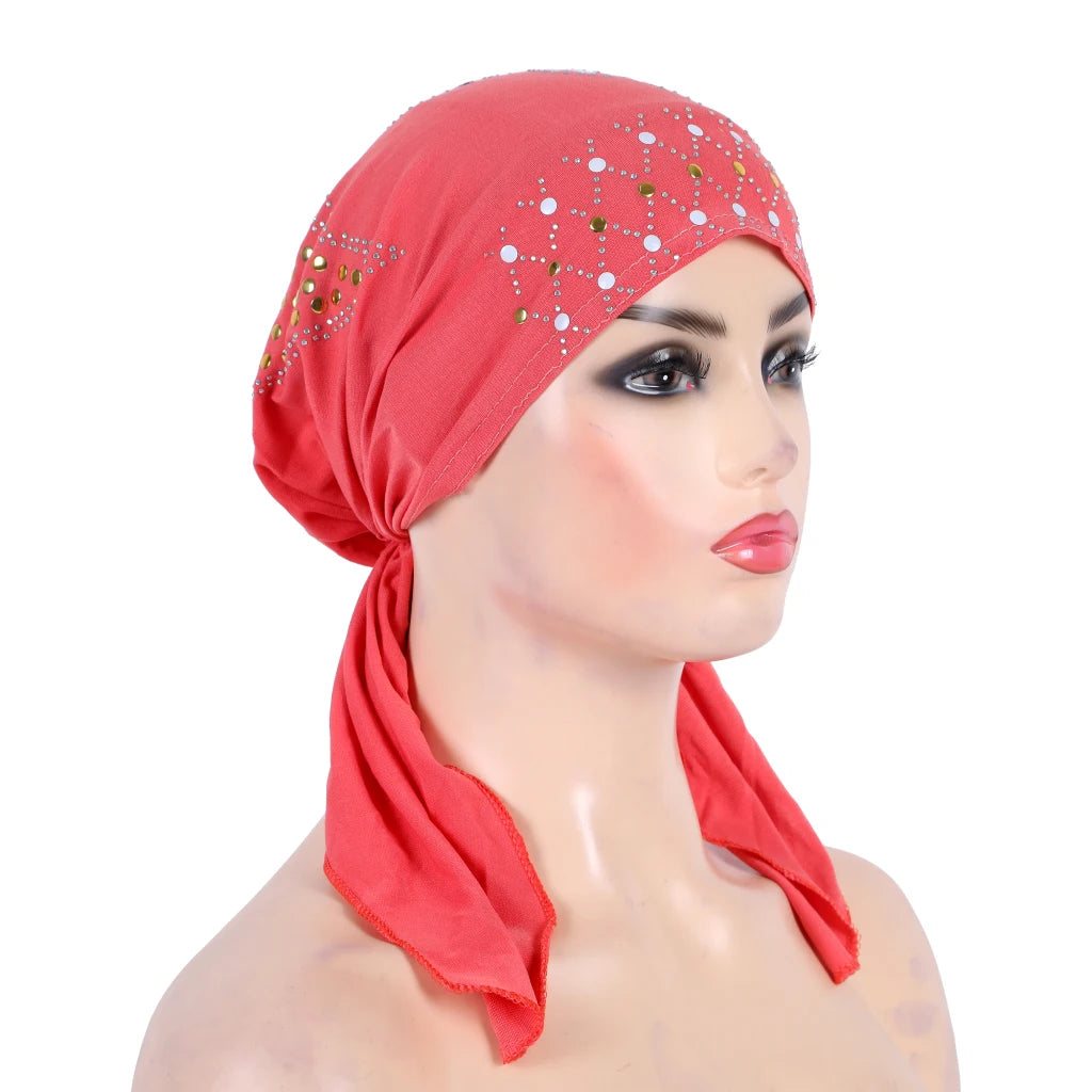 H089 Women’s Turban Hijab – Fashion Gold Sequin Islamic Headscarf, Pull-On Amira Headwrap