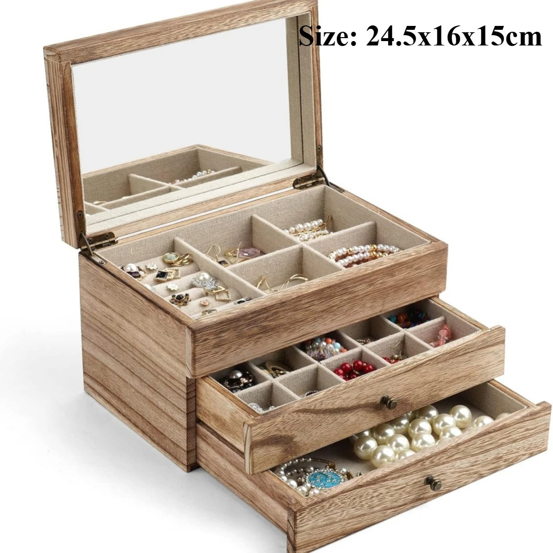 Vintage Solid Wood Jewelry Box – Two-Layer Necklace & Earring Display with Mirror