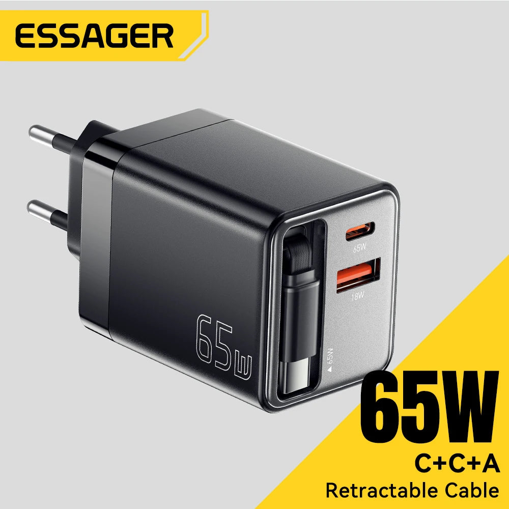 Essager 65W GaN Fast Charger – Retractable USB-C Cable PD Charging Adapter for Laptops, MacBook, iPhone 16/15/14, and Xiaomi Devices