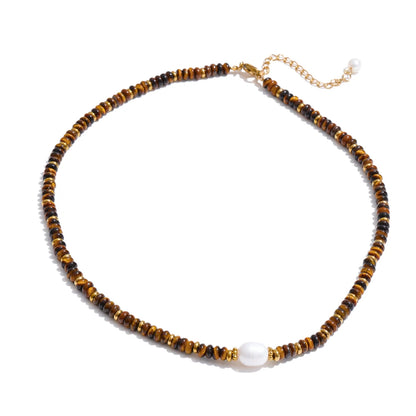 Yhpup Colorful Natural Stone Bead Necklace – Handmade Y2K Stainless Steel Waterproof Chain Jewelry for Women