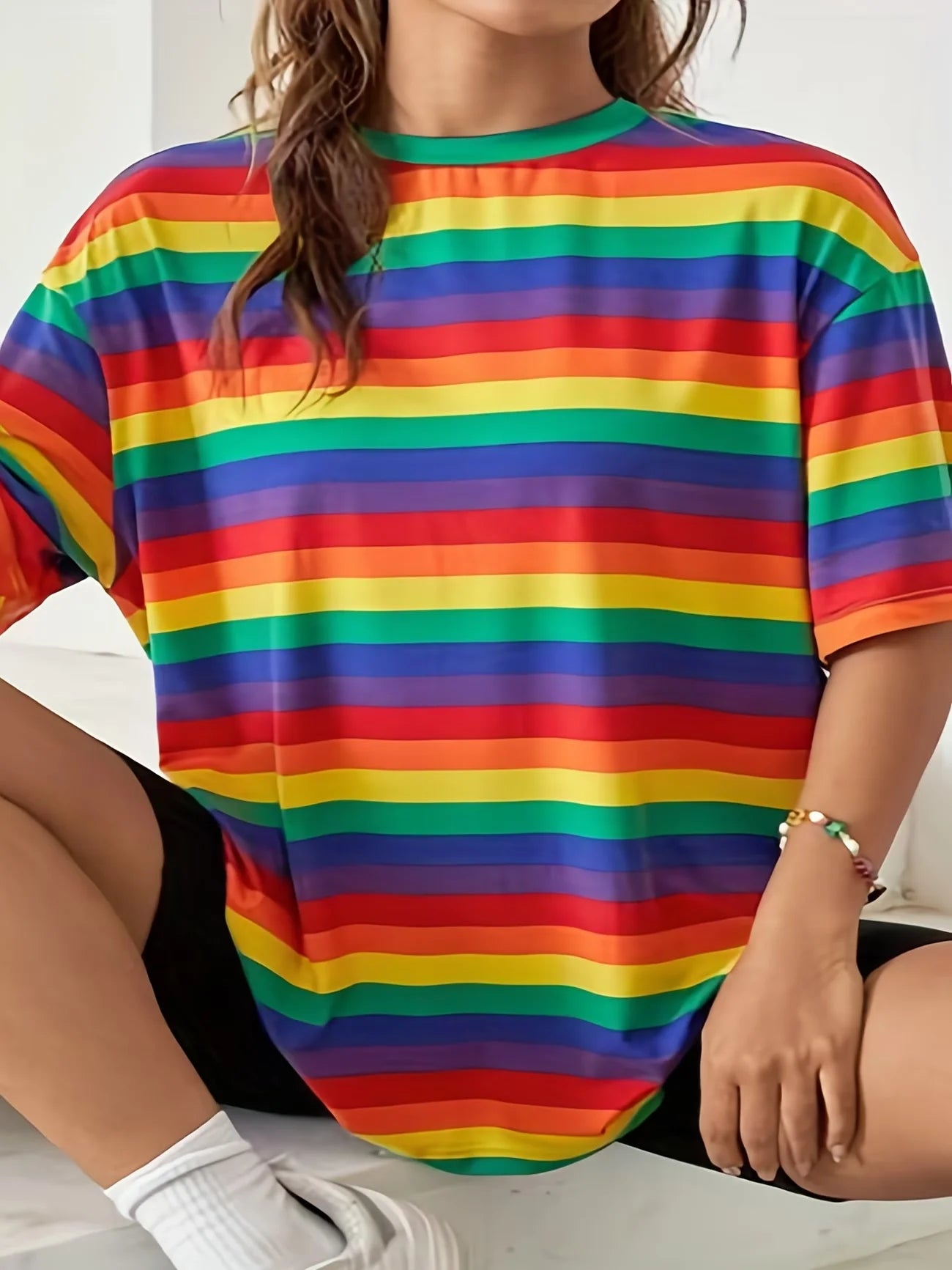 Women’s Rainbow Striped Oversized T-Shirt – Casual Crew Neck Short Sleeve Summer Soft Daily Wear Tee