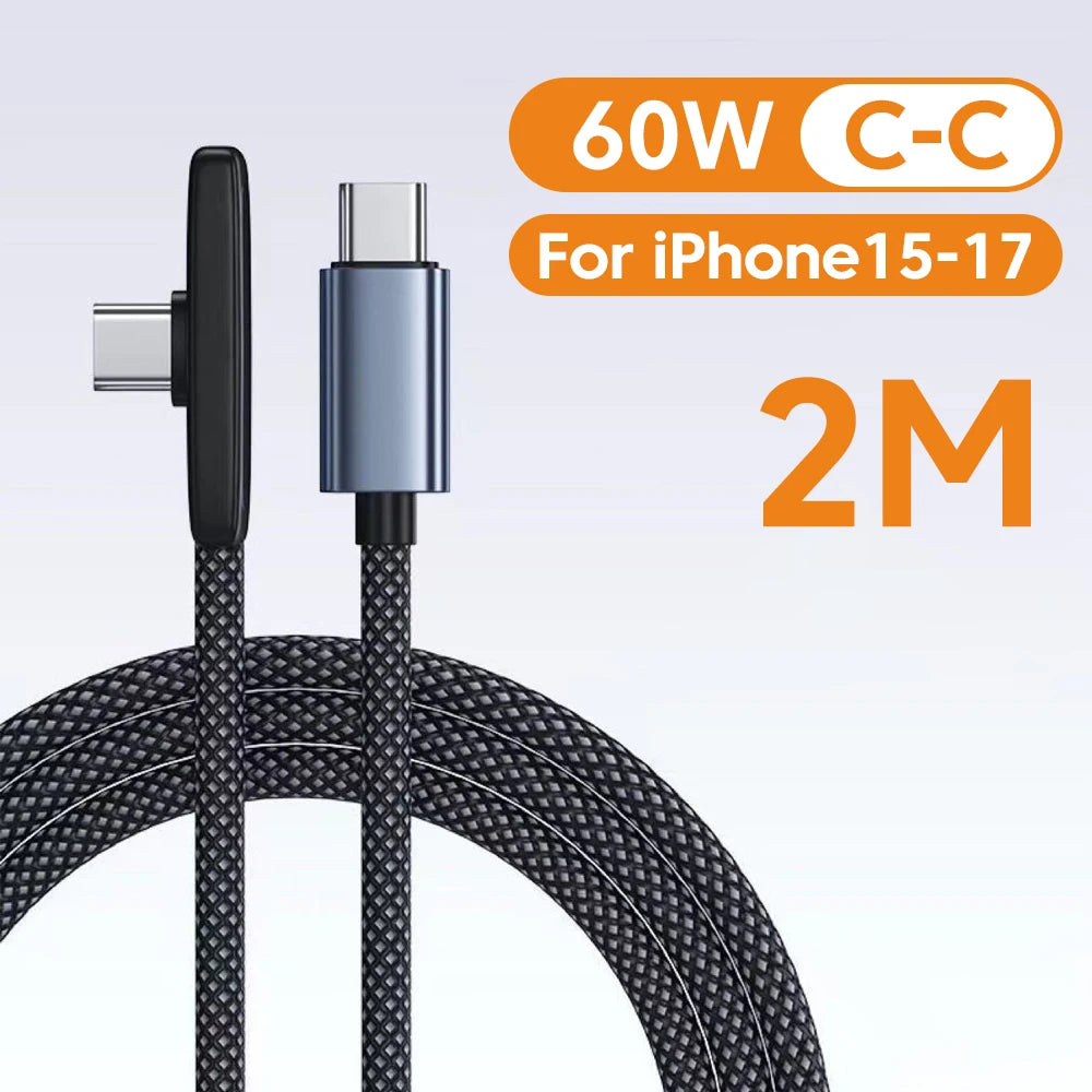 100W USB-C Fast Charging Cable - 90° Elbow PD Data & Gaming Cable for Samsung, Huawei, POCO & Realme