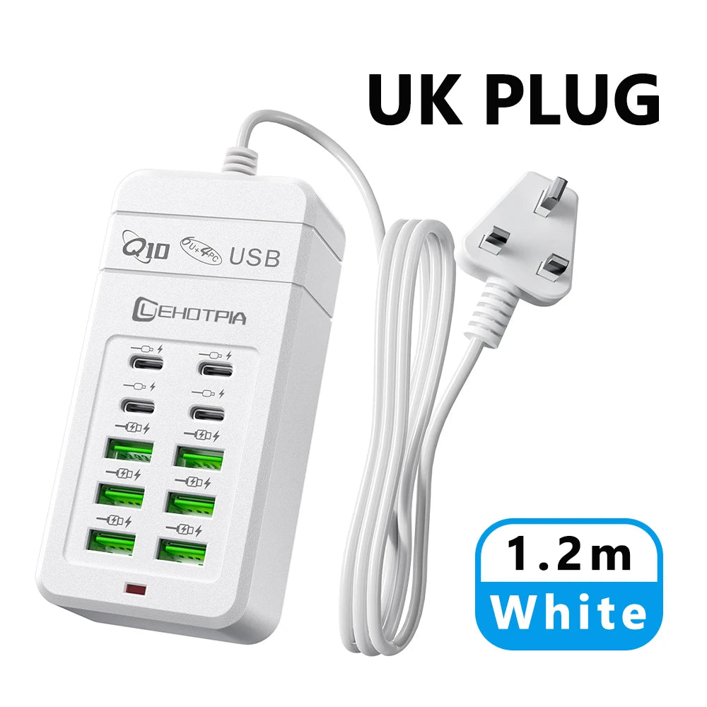 10-Port USB Fast Charger Adapter - EU UK US Plug Power Station with 6 USB-A & 4 USB-C Ports Extension Cord