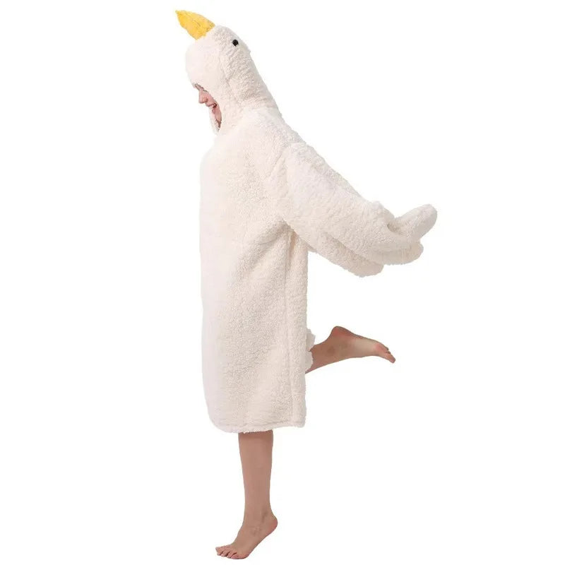 Thick Coral Fleece Hooded Robe — Big Goose Cartoon Nightgown for Couples, Cute Duck Sleepwear & Home Cosplay