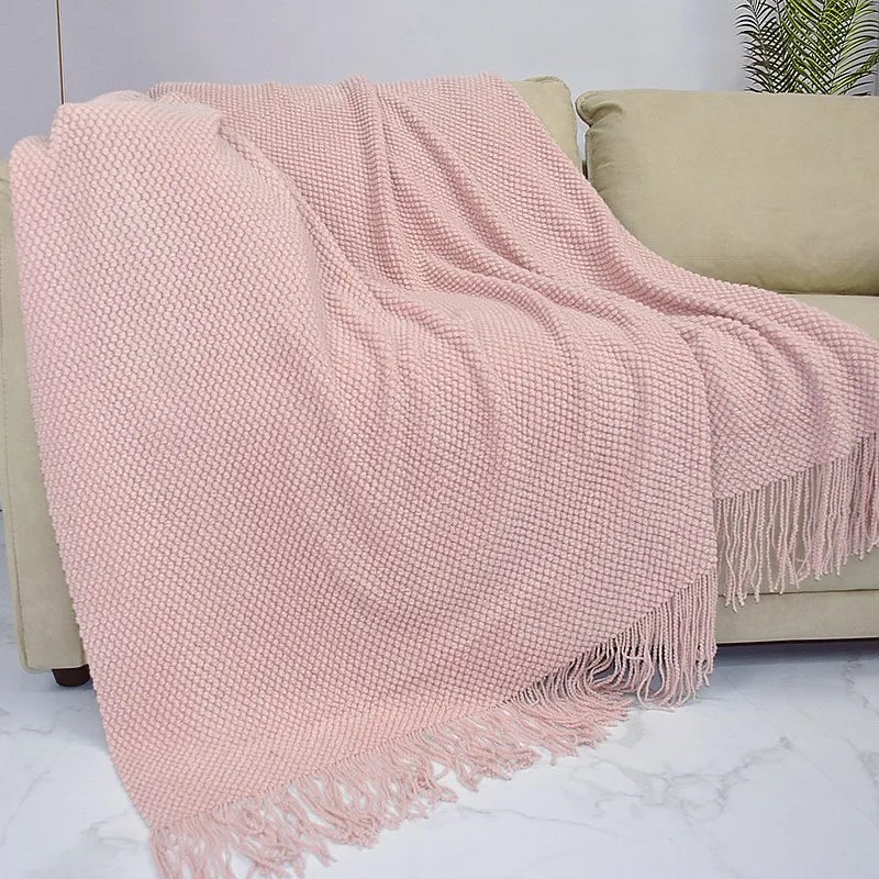 Textile City Knitted Blanket – Thick Waffle Corn Grain Embossed Throw with Tassels, Winter Warm Bedspread 130x240cm