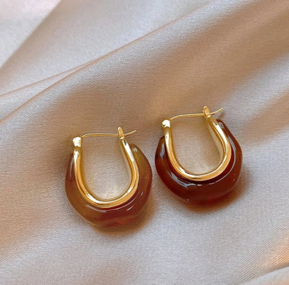 Retro Brown Resin U-Shaped Hoop Earrings — European & American Geometric Earrings for Women, Simple Fashion Jewelry Gift