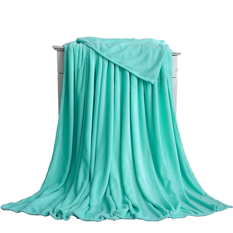 230GSM Coral Fleece Flannel Blanket – Soft Warm Solid Color Bedspread Sofa Throw Faux Fur Plaid Blanket (Blue/Pink)