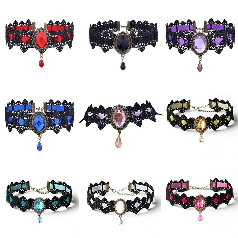 10-Style Bohemian Lace Necklaces for Women – Gothic Punk Choker Jewelry, Red, Blue & Black, Fashion Gift