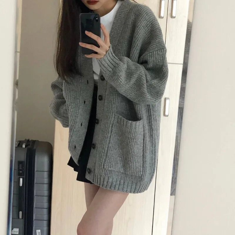 Autumn Winter Women’s Cardigan Sweater Coat – Fashion Long Sleeve V-Neck, Loose Fit Knitted Jacket, Casual Sweater Cardigan