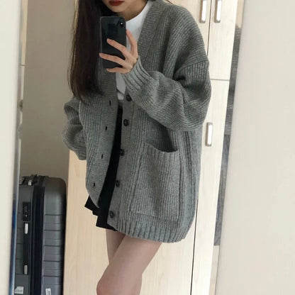 Autumn Winter Women’s Cardigan Sweater Coat – Fashion Long Sleeve V-Neck, Loose Fit Knitted Jacket, Casual Sweater Cardigan
