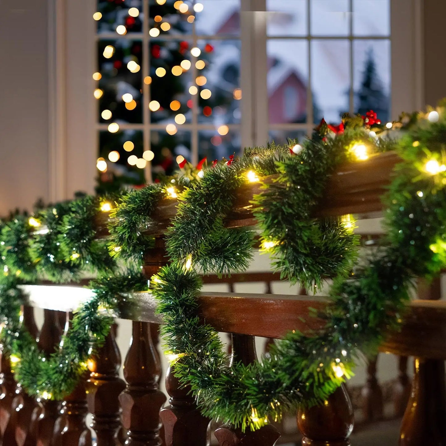 2.7M Christmas Rattan Garland – Wreath for Xmas Tree, Fireplaces, Stairs & Front Door Decoration