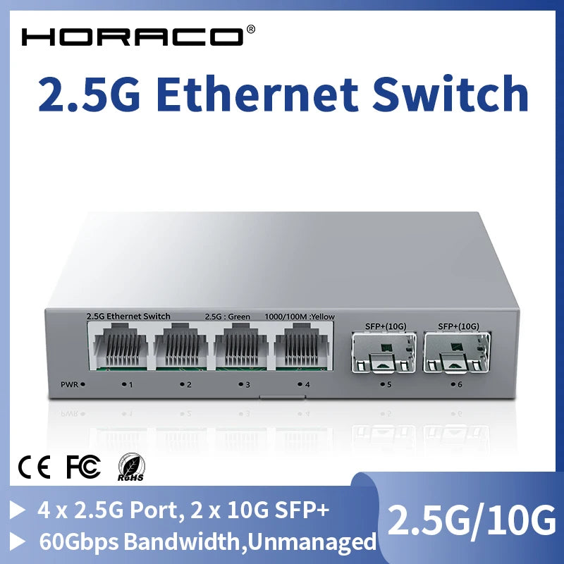 HORACO 2.5Gb Ethernet Switch - 4-Port 2.5G RJ45 with 2-Port 10G SFP+ Fanless Unmanaged Network Switch
