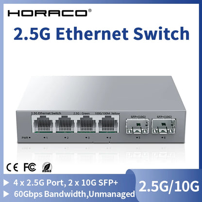 HORACO 2.5Gb Ethernet Switch - 4-Port 2.5G RJ45 with 2-Port 10G SFP+ Fanless Unmanaged Network Switch