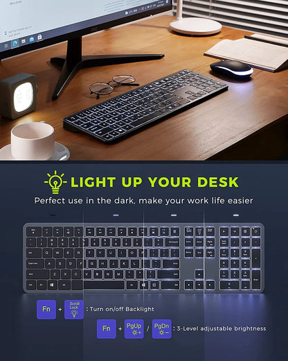 Backlit Wireless Keyboard and Mouse Combo – 2.4G USB Rechargeable Silent Full-Size Slim Set