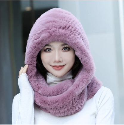 2025 Women’s Knitted Rex Rabbit Fur Hat – Hooded Scarf with Neck Collar, Long Winter Warm Fur Hat & Scarf Set