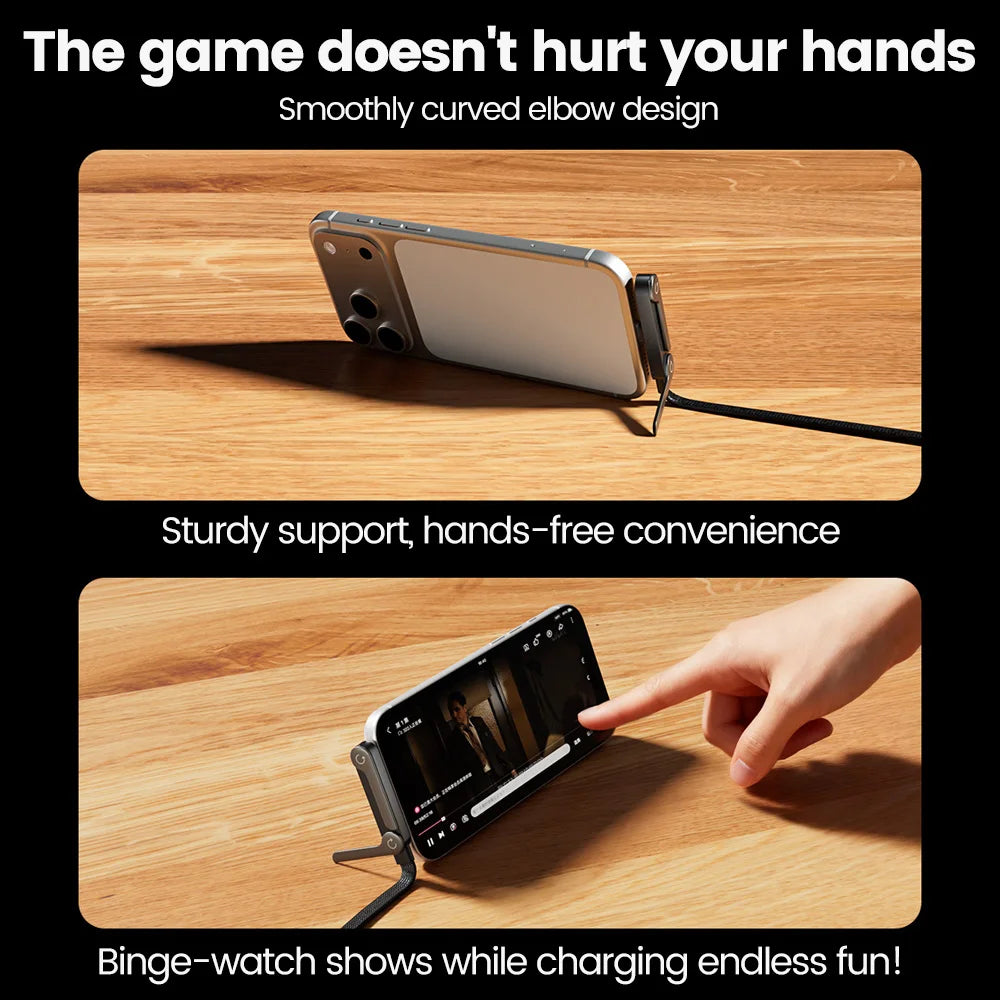 65W 2-in-1 USB-A to USB-C Cable - Fast Charging Foldable Phone Holder with Built-In Desk Stand