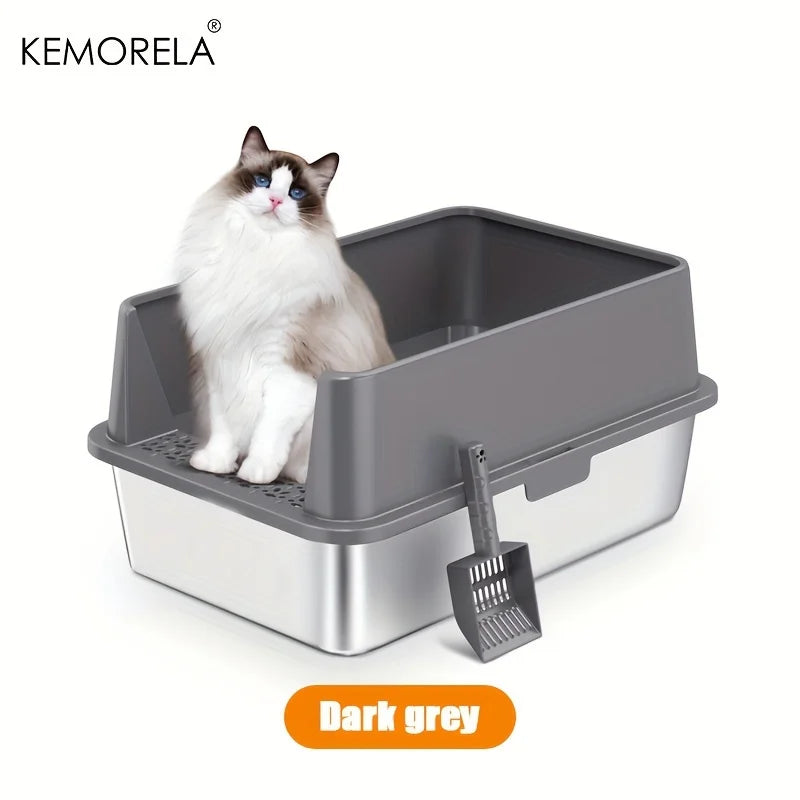 Super Large XL Stainless Steel Cat Litter Box with Lid – High Side Closed Design for Large & Small Cats, Includes Scoop